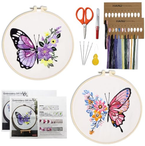 SHENSAIGO Stickset für Anfänger, 2 Stück Sticken Set Erwachsene Schmetterling, Embroidery Kit mit Stickrahmen und Werkzeugen, Blumen Kreuzstich Set Vorgedruckt für DIY Handstickere Stickereiliebhaber