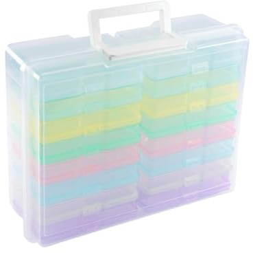 Vaessen Creative Caja Almacenaje Plástico con Compartimentos 37,5 x 30 x 13 cm - 16 Cajas de 17 x 12 x 3 cm en 8 Colores - Organizador Transparente con Tapa para Scrapbooking, Costura y Manualidades