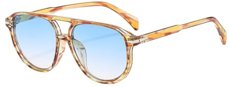 YAMEIZE Estilo retro piloto doble puente - Gafas de sol para mujer y hombre, clásicas 70 redondas, gafas de sol elegantes para conducción, Clear Leopard Blue