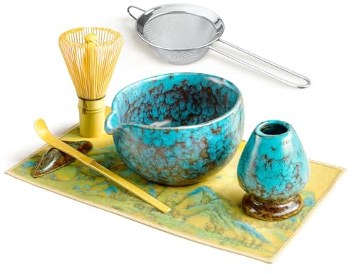 SURFOU Matcha kit 7 Piezas, Cuenco con Pico, Batidor de Bambú, Cuchara, Soporte, Colador, Portacucharas y Paño de Té, Ideal para Latte, Desayuno o como Regalo para Amantes del Té Verde Japonés