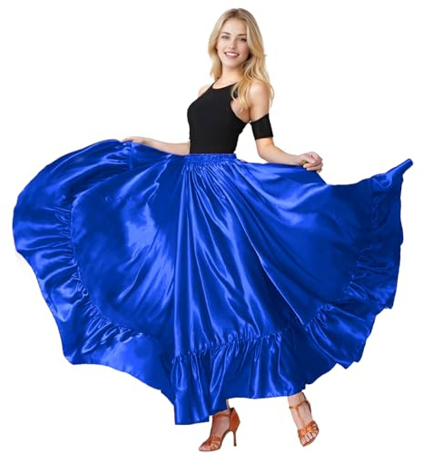 Baisdan Damkjol i satin med volanger för magdans, flamenco, mexikansk folklorica och spansk tjurdans, Mörkblå, one size