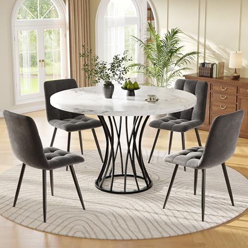 Mesa de Comedor Redonda con 4 sillas Tablero de Mesa Efecto mármol Juego de Comedor para 4 Personas sillas de Comedor de Terciopelo Juego de Mesa de Cocina Moderno para salón Grupo de Asientos Negro