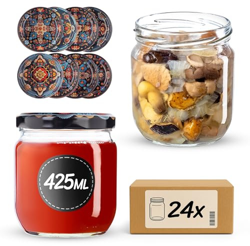 KADAX syltburkar 425 ml, konserveringsburkar med fi82 skruvlock, glas med skruvlock, konserverade burkar, förvaringsburkar för sylt, sylt och honung (symmetrisk, 24 stycken)