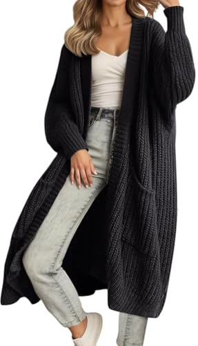 Yegirlzs Gilet Long Femme Cardigan Chic Et Elegant Manche Longue Tricoté Cardigans avec Poches Ouverte Devant Gilet Automne Hiver
