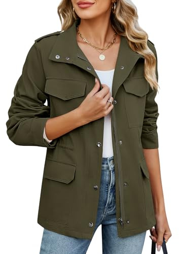 CMTOP Veste Femme mi Saison Court Léger Blouson en Coton, Décontracté Élégante Jacket Saharienne Veste Manteau avec Multi Poches pour Printemps Été Automne(Vert Militaire,XL)