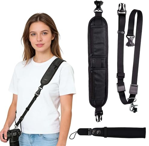 FooYee Kamerabandssats, justerbar axelrem och handledsrem kompatibel med Nikon, Canon, Sony, Olympus, Fuji DSLR SLR-kameror, snabb frigöring och säkerhetsrem