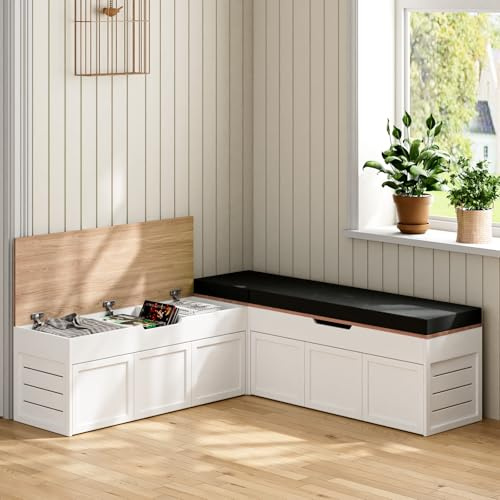Kikihouse L-Shaped Corner Storage Bench with Cushion, Backless Wood Bench with Hidden Storage, for Dining Nook, Kitchen, Entryway, Cloakroom (Bench+Black Cushion)