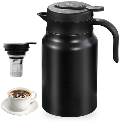 Termoskanna med tesil 1,5 l, termoskanna i rostfritt stål med temperaturdisplay, kaffekanna termo, smarta termoflaskor för te, kaffe och mjölk (svart)
