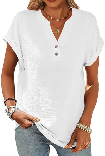 Yutdeng Chemise Femme Manches Courtes Été Chemisier Femmes Coton et Lin Col en V Boutons Haut Décontracté Ample Tops Respirant T-Shirts Casual Doux Blouse Élégant Tunique Chic Confortable Couleur Unie