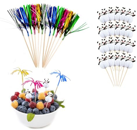100 spiedini da cocktail a forma di fuochi d'artificio e panda, ideali per decorare torte, frutta e bevande, perfetti per bar e feste.