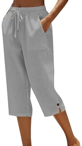 Pantalones 3/4 Mujer Bermudasmujer Verano Lino Cortos Deportivos Ligero Shorts Cintura Alta Elástiica Pantalón de Pierna Rectos Cómodo Respirable Moderno Palazzo Bolsillos
