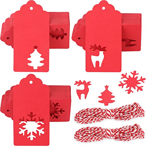 G2PLUS 150pcs Tag Regalo Etichette,targhette Carta kraf, Etichette Artigianali con Corda di Natale Perfetta per Decorare L'Albero di Natale, Lavoro Fatto a Mano(Rosse)
