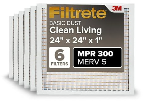 Filtrete 24x24x1 AC Furnace Air Filter, MERV 5, MPR 300, Capture Unwanted Particles, 3-Month Pleated 1-Inch Electrostatic Air Cleaning Filter, 6-Pack (Actual Size23.81x23.81x0.66 in)