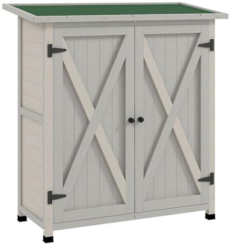 Outsunny Wooden Garden Storage Shed, Tool Cabinet Organiser with Shelves and Double Door, 110 x 55 x117cm, Light Grey