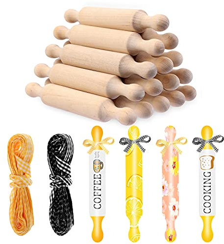 16 Pieces 6 Inch Wooden Mini Rolling Pin Kids Size Wood Handle Rolling Pin Mini Dough Roller with 32.8 ft Ribbon for Kids Scrapbook Projects DIY Crafts Tools Farmhouse Kitchen Tiered Tray Decor