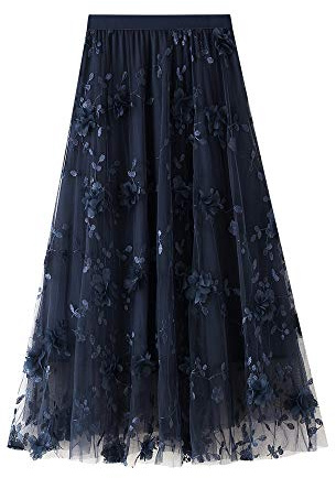 Dazzerake Gonna Lunga Elegante in Tulle da Donna Gonna Longuette Casual a Vita Alta con Ricamo Floreale 3D Tinta Unita Fashion Design (Blu, Taglia Unica)