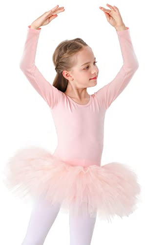 Kinder Ballettkleidung Tütü Ballettkleid Mädchen Baumwolle Balletttrikot Kurzarm Ballettanzug Tanzbody mit Rock (130 (120-130 cm, 5-7 Jahre), Rosa Langarm)