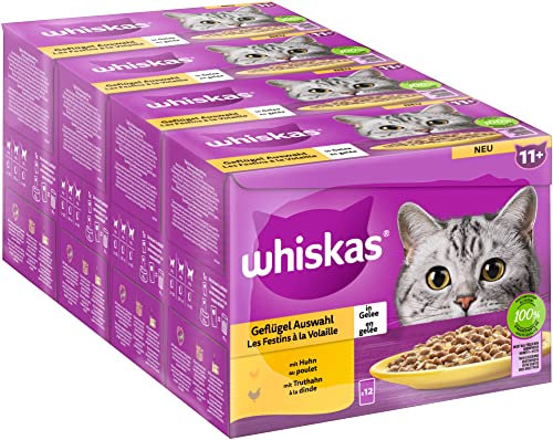 Whiskas Senior 11+ Katzennassfutter Geflügel Auswahl in Gelee, 48 Portionsbeutel, 12x85g (4er Pack) – Hochwertiges Katzenfutter nass, für Katzen ab dem 11. Lebensjahr