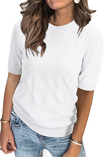 Arach&Cloz Womens Jumpers UK Short Sleeve Autumn Winter Crew Neck Ladies Knitted Tops Casual Dressy Sweater (White,L)