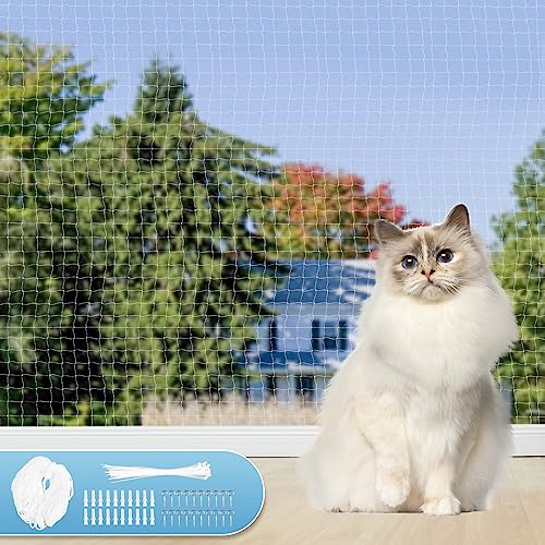 Aystkniet Katzennetz für Balkon Transparent 4 × 3M, 2,5 × 2,5cm Maschengröße Katzenschutznetz für Balkon mit Befestigungsseil und Zubehör, Katzennetze für Fenster Fenster Terrasse Innen und Außen