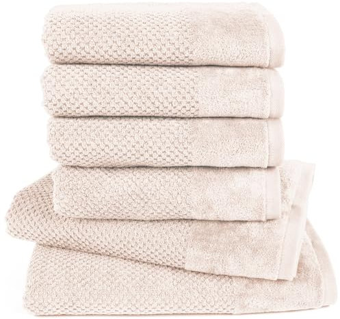 Pure Label 6-TLG. Handtücher Set mit Aufhängeschlaufen aus 100% Baumwolle, saugstark, weich und Oeko-TEX Zertifiziert - 2X Badetuch (70x140 cm) 4X Handtuch (50x100cm), Creme