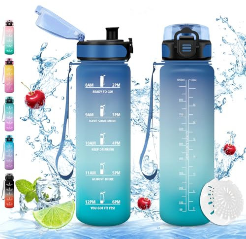 Vikaster Gourde de sport, Gourde 1l, sans BPA, Étanche & Réutilisable, Bouteille d'eau avec Marqueur de Temps et Filtre, Convient Pour la Enfant & Adulte, Gym, Yoga, Camping, Sport
