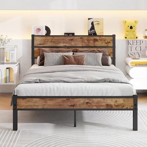 JUISSANO Bett 120x200,Bettgestell Kinderbett 120x200 mit lattenrost aus Metall,Bettrahmen mit Holz Kopfteil und Stauraum unter dem,Gästebett Doppelbett,Robust und Stabil Bed Frame,Braun