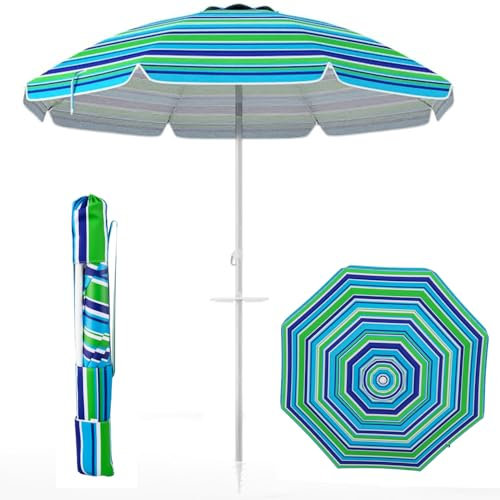 RELAX4LIFE Parasol de Plage, Parasol Incliné Pliable Portable avec Ancrage pour Sable, Protection Solaire, Sac de Transport pour Plage, Patio, Jardin (Φ220xH220cm,Bleu-Vert)
