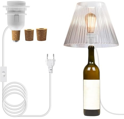 Lampara para Botella con Base E27, Blanco Adaptador de Botella pare, Lámparas de Mesa Creativas Decorativa Portalámparas Lampara de Botella con 3 Tapones de Madera y 2.4m Cable Pantalla Compatible