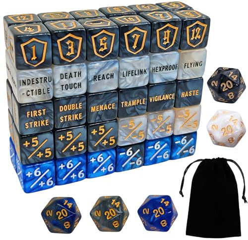 65 PCS MTG Counter Dados Set - AbilityKeyword Counters, -1/+1 Life Counter, Shield Life Dados, Creature Stat Buffs, Marble Colour D6 Cube, for MTG, Juegos de Cartas (Incluye Bolsa Negra)
