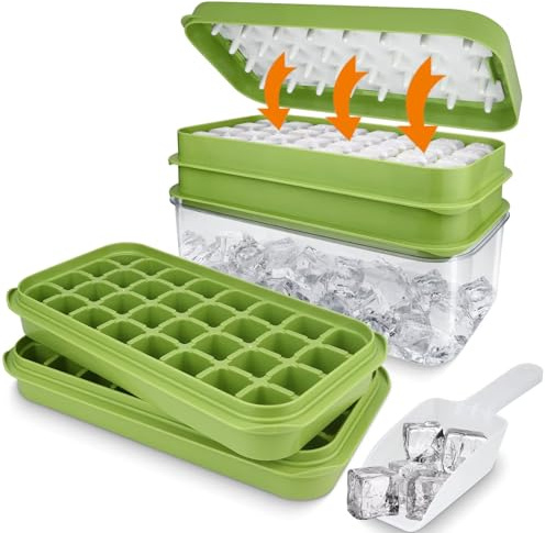 Stampo per cubetti di ghiaccio in silicone con coperchio e contenitore, 64 pezzi, senza BPA, facile da rimuovere, doppio strato, grande per bevande, whisky, frullati, cucina, bar, picnic (verde)