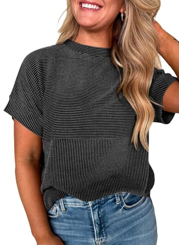 EVALESS Short Sleeve Shirts for Women Trendy Teacher Outfits Ribbed Knit Striped Womens Tops Casual Spring Summer Tops Cute Crewneck Loose Fit Patchwork T Shirts Black Large