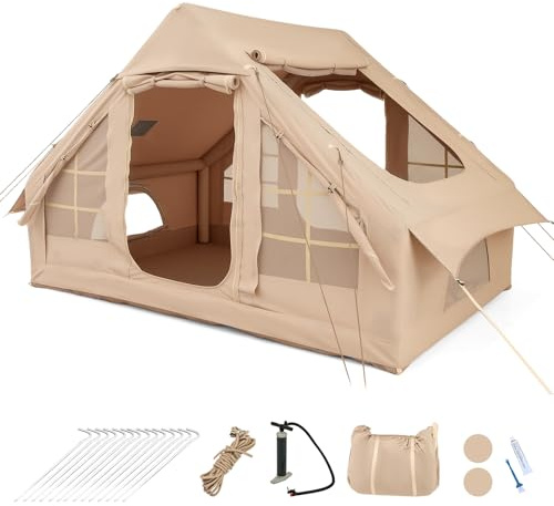 COSTWAY Inflatable Camping Tent, Waterproof 4-Season Blow-up Air Tent with Pump, Mesh Screen Windows and 2 Doors, Easy Setup 4-6 People Windproof Luxury Cabin Tents for Family (300 x 210 x 197 cm)
