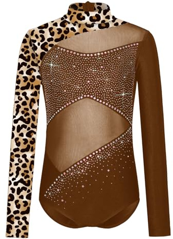 Yruioon Traje Gimnasia Niñas Con Brillo Traje Gimnasia Con Estampado Ballet Manga Larga Patinaje Artístico Mono Competición Baile Marrón 13-14 años