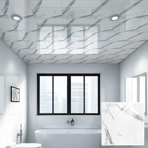 Paneles de Techo Baldosas de Techo Modernas para Pegar, Papel Tapiz de Techo de PVC Decorativo Cuadrado, Paneles de Revestimiento de Techo Impermeables(Marble,50pcs(4.5㎡))