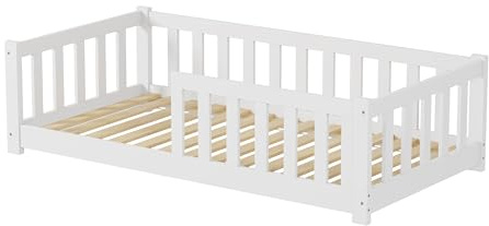 EFWOOD Solid Pine Toddler Floor Bed with Safety Guardrails, Kids Montessori Bed Frame for Children’s Bedroom Furniture (white color)