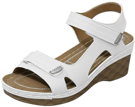 Sandali da donna con zeppa bianca casual scarpe aperte Hook & Loop Strape Calzature per vacanze estive spiaggia passeggiate, Beige, 40.5 EU
