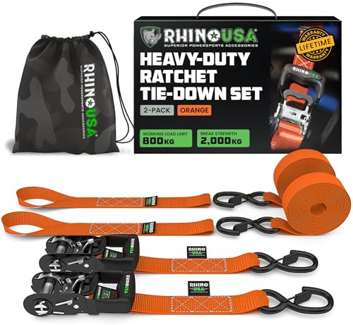 Rhino USA Kit Cinghie a Cricchetto Resistente (2 Pezzi) - 4cm x 2,4m (2000 kg di resistenza alla rottura) - Cinghie di Fissaggio Ultimate Ganci di Sicurezza Camion, ATV, UTV, Moto, Carico - Arancione