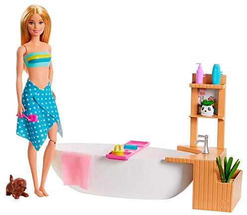 Barbie Bien-être coffret Bain Coloré avec poupée blonde, baignoire, figurine chiot et accessoires, jouet pour enfant, GJN32