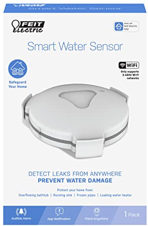 Feit Electric Smart Wi-Fi Water Leak Sensor with Audible Alarm, Wireless, Indoor/Outdoor, 24/7 Home Security System with Mobile App Notification, Battery Operated, No Hub Required, H2O/WiFi