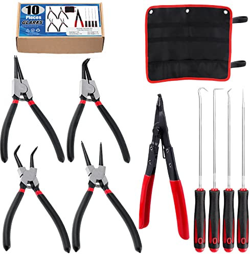 Glarks Set di 10 pinze per anelli a scatto, tra cui 4 pinze per anelli di sicurezza interni/esterni da 17 cm, pinze per rondella a ferro di cavallo, con 1 borsa di stoccaggio