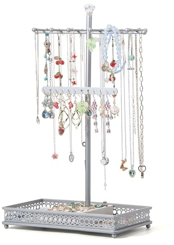 Meangood Jewelry Tree Stand Organizer 3in1 Necklace Organizer Display Bracelet Earrings and Ring Tray Jewelry Holder Hanger Meta, Silver