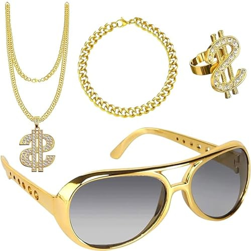 4 stycken dollar kedja set, dollar tecken halsband ringar solglasögon guldkedja set, hip hop kostym set, karneval accessoarer, hiphop-smycken för 80/90-talet män karneval fest, Large, Metall