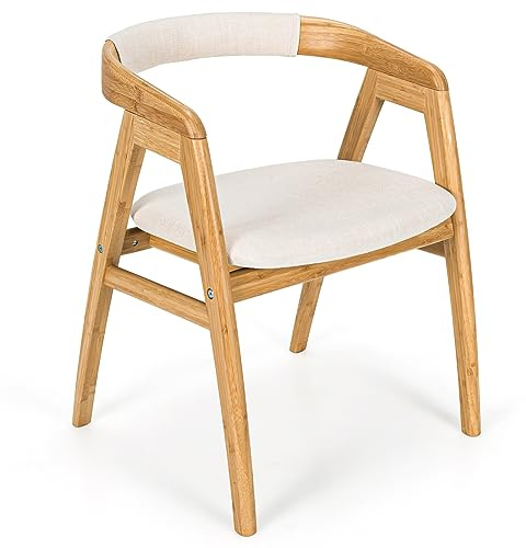 COSTWAY Silla Comedor de Bambú, Silla Tocador con Respaldo Curvo y Cojín, Sillas Salon Cocina Dormitorio, Natual, 57 x 54 x 73 cm