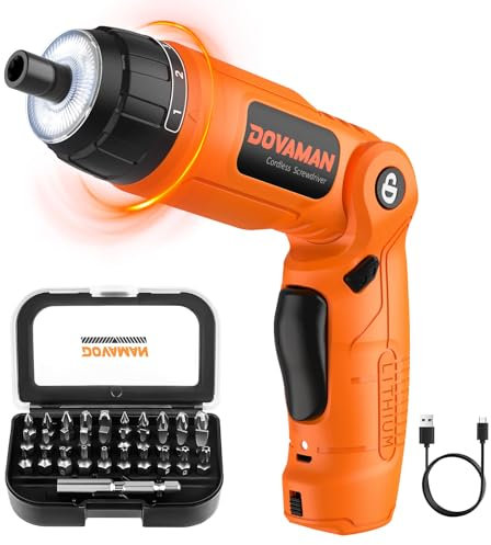 DOVAMAN DES01A Electric Screwdriver, 4V MAX Cordless Screwdriver w/ 31 Bits, 2000mAh Battery, 6 Torque, 3-Position Handle, LED & Flashlight, USB Rechargeable, Power Screwdriver w/Accessories Case