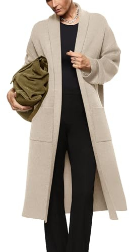 Womens Long Sleeve Maxi Cardigan Open Front Oversized Knitted Sweater Coat Casual Lapel Warm Overcoat with Pockets Light Khaki