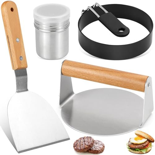 VZXZXE Smash - Set per hamburger, incluso 1 pressa per hamburger, in acciaio inox, 14 cm, 1 spatola per hamburger, 1 anello per uova + 1 spargitore per spezie, pressa per hamburger