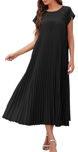 Adigaber Robe Longue pour Femmes Plissée d'été Solide à Col Rond Décontracté Robe avec Poches