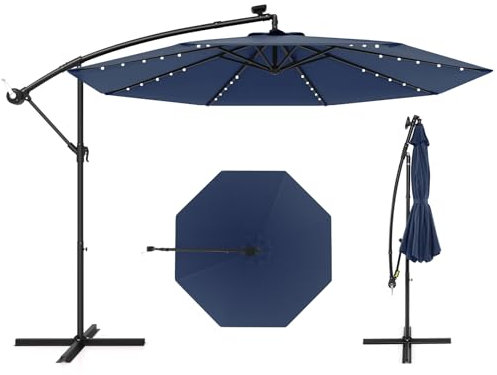 RELAX4LIFE Parasol Déporté Solaire Φ300 cm avec LEDet Manivelle, Parasol Incliné 35°avec Pied en Croix,Parasol de Jardin Extérieur pour Cour Plage Bord de Piscine (Bleu foncé)