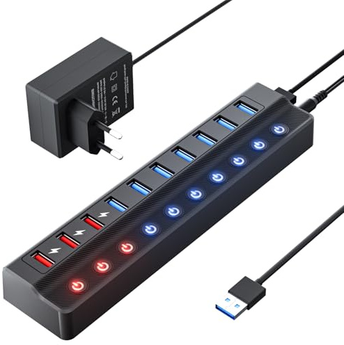 Drivs av USB-hubb, USB-splitter med 10 portar (7 snabbare dataöverföringsportar + 3 smarta laddningsportar)